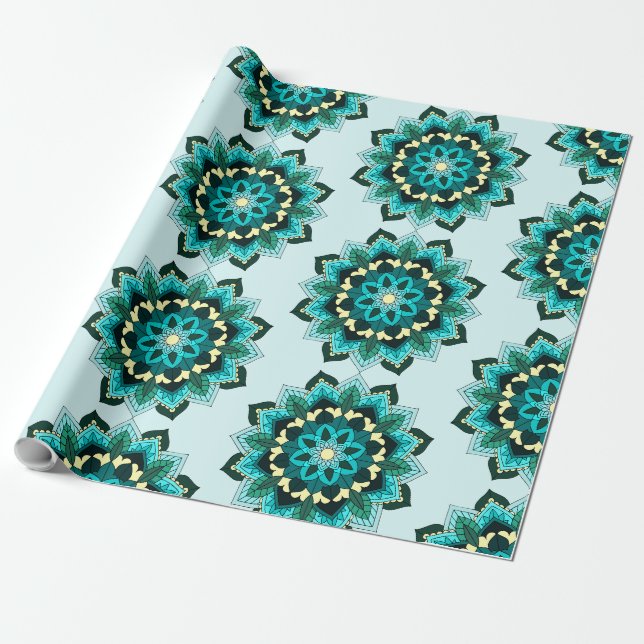 Mandala Mönster 02 i aqua Presentpapper (Utrullad)