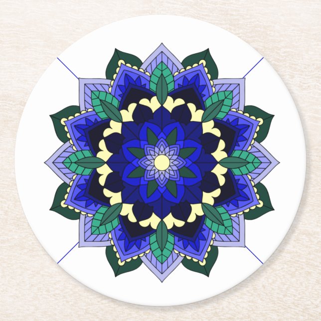 Mandala Mönster 02 i den mörk blått rundans Pappra Underlägg Papper Rund (Framsidan)