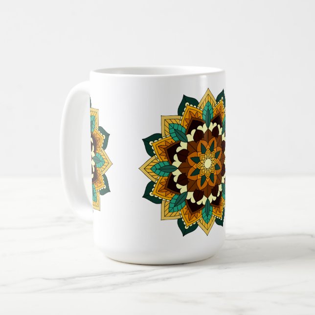 Mandala Mönster 02 i gult och tan Kaffe Mugg (Framsida vänster)