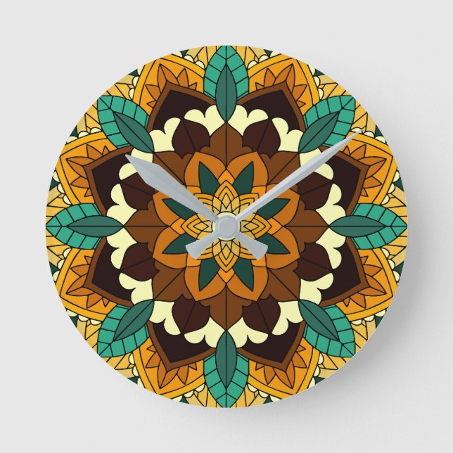 Mandala Mönster 02 i gult och tan Round Clock Rund Klocka (Framsida)