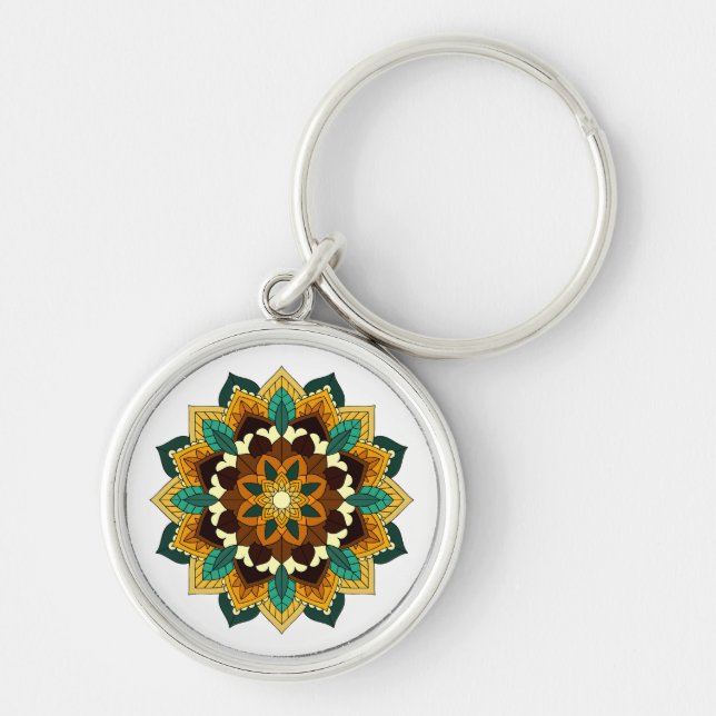 Mandala Mönster 02 i gult och tan Rund Silverfärgad Nyckelring (Framsidan)