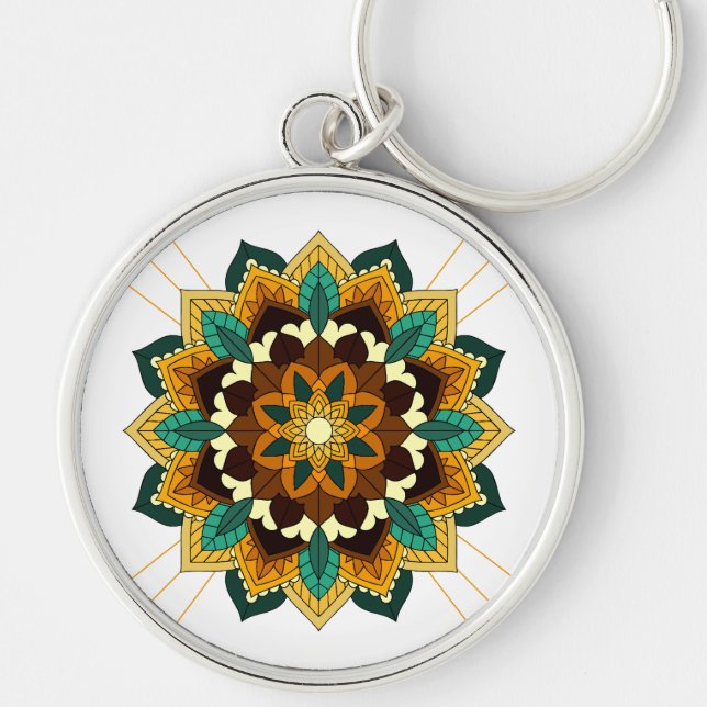 Mandala Mönster 02 i gult och tan Rund Silverfärgad Nyckelring (Framsidan)