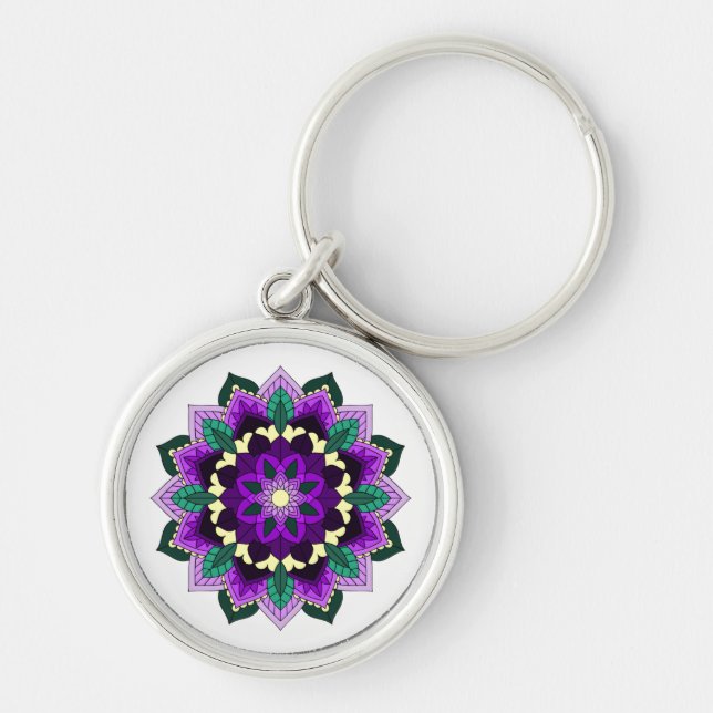 Mandala Mönster 02 i lila Rund Silverfärgad Nyckelring (Framsidan)