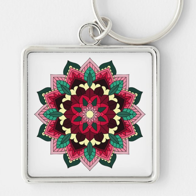 Mandala Mönster 02 vid djup rosa Fyrkantig Silverfärgad Nyckelring (Framsidan)