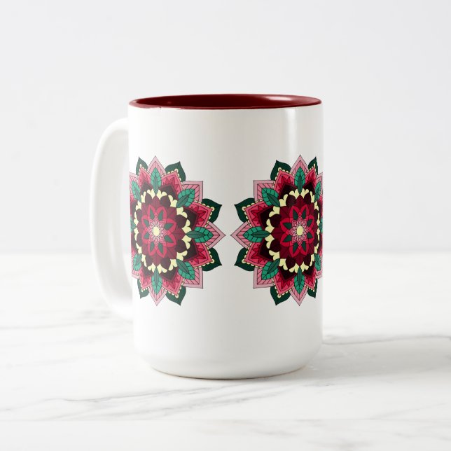 Mandala Mönster 02 vid djup rosa Två-Tonad Mugg (Framsida vänster)