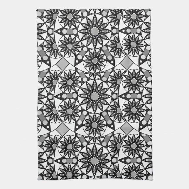 Mandala mönster, Black, White och Grått Kökshandduk (Vertikal)