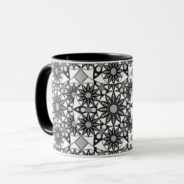 Mandala mönster, Black, White och Grått Mugg (Framsida vänster)