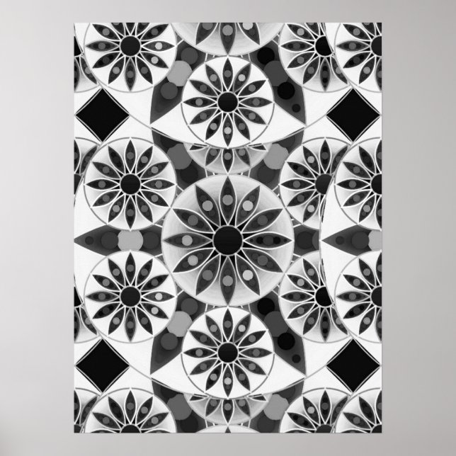 Mandala mönster, Black, White och Grått Poster (Framsidan)