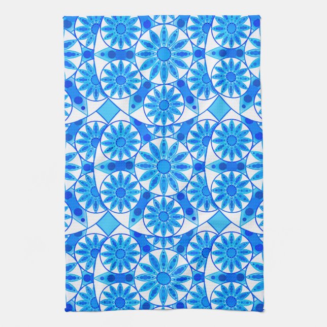 Mandala Mönster, Cobalt Blue, Turquise och White Kökshandduk (Vertikal)