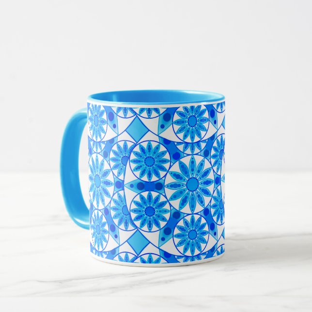 Mandala Mönster, Cobalt Blue, Turquise och White Mugg (Framsida vänster)