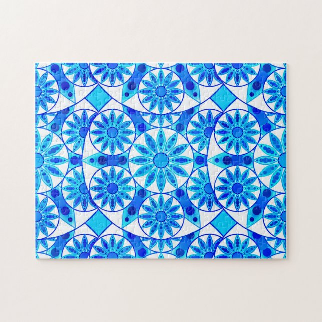 Mandala Mönster, Cobalt Blue, Turquise och White Pussel (Horisontell)