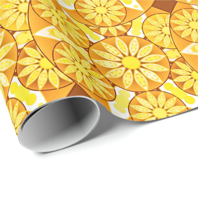 Mandala-mönster, gult, guld och brunt presentpapper (Rullad Hörn)