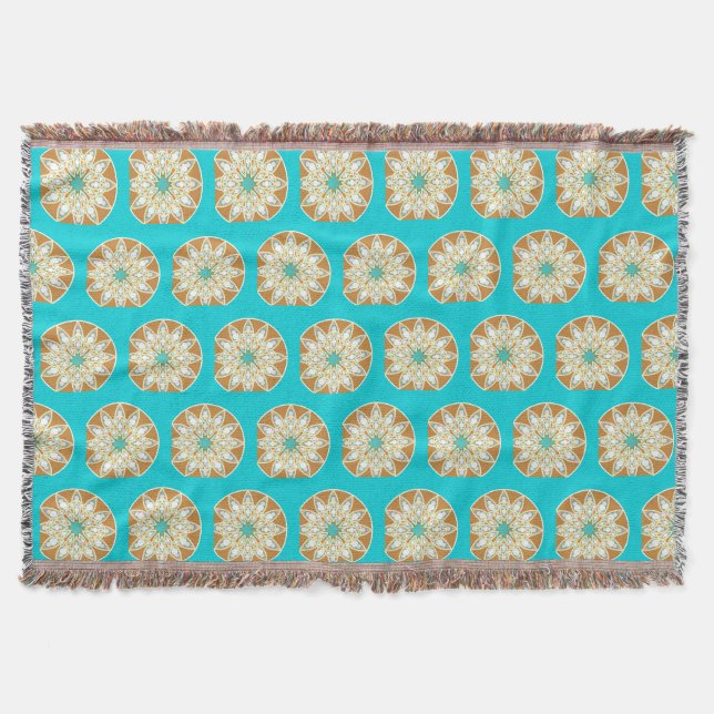 Mandala mönster i choklad, tan och turkos filt (Framsidan)