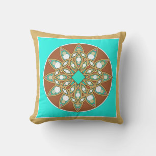 Mandala mönster i choklad, tan och turkos kudde
