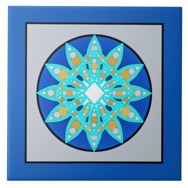 Mandala Mönster i Cobalt Blue och Grått / Grått Kakelplatta (Framsidan)