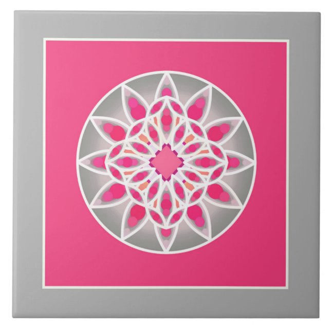 Mandala Mönster i Fuchsia Rosa, Grått och White Kakelplatta (Framsidan)
