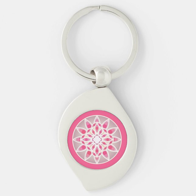 Mandala-mönster i fuchsia rosa, vit och grå swirl silverfärgad nyckelring (Framsidan)