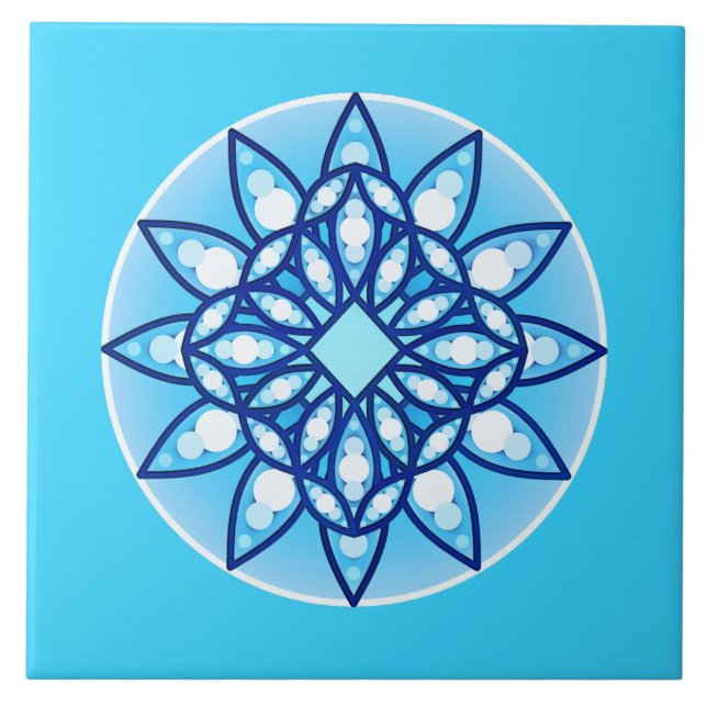 Mandala mönster i himlar blå, kobolt och vit kakelplatta (Framsidan)