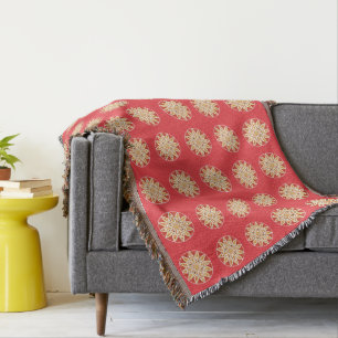 Mandala mönster i kamel, mörk röd och vit filt