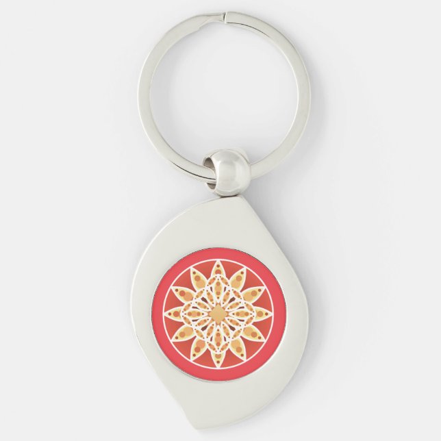 Mandala mönster i kamel, mörk röd och vit swirl silverfärgad nyckelring (Framsidan)
