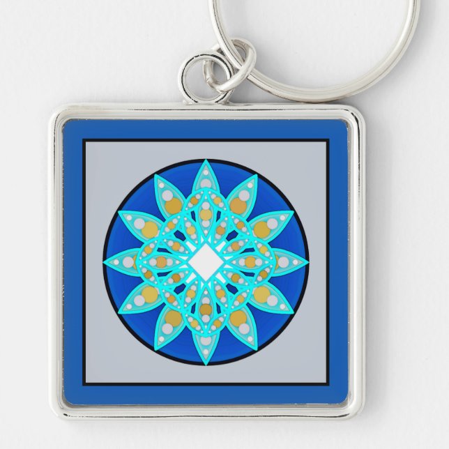 Mandala mönster i kobolt, grått och turkos fyrkantig silverfärgad nyckelring (Framsidan)
