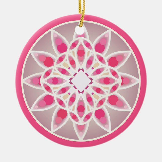 Mandala mönster i shock rosa, vitt och grått julgransprydnad keramik (Framsidan)
