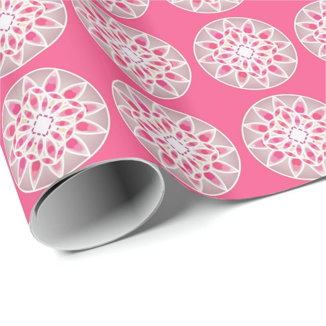 Mandala mönster i shock rosa, vitt och grått presentpapper (Rullad Hörn)