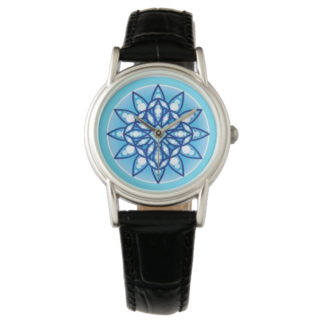 Mandala mönster i turkos, kobolt och vitt armbandsur (Framsida)