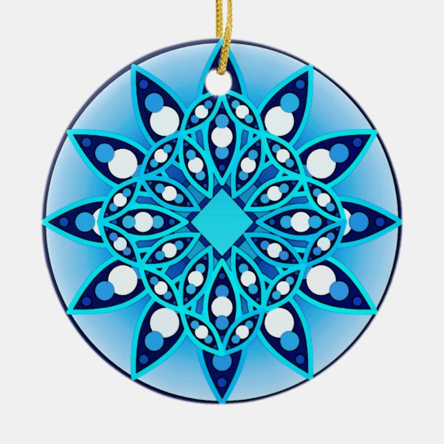 Mandala mönster i turkos, kobolt och vitt julgransprydnad keramik (Framsidan)