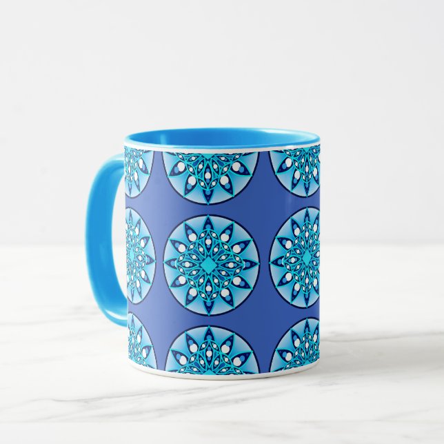 Mandala mönster i turkos, kobolt och vitt mugg (Framsida vänster)
