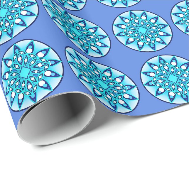 Mandala mönster i turkos, kobolt och vitt presentpapper (Rullad Hörn)
