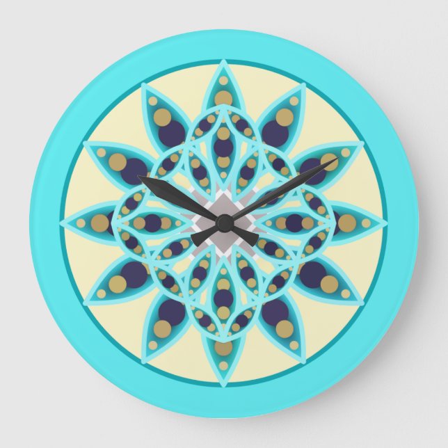 Mandala-mönster i turkos, kräm och marinblå stor klocka (Framsida)