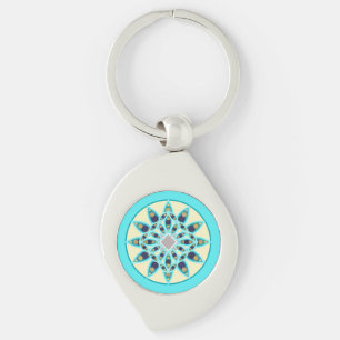 Mandala-mönster i turkos, tan och marinblå swirl silverfärgad nyckelring