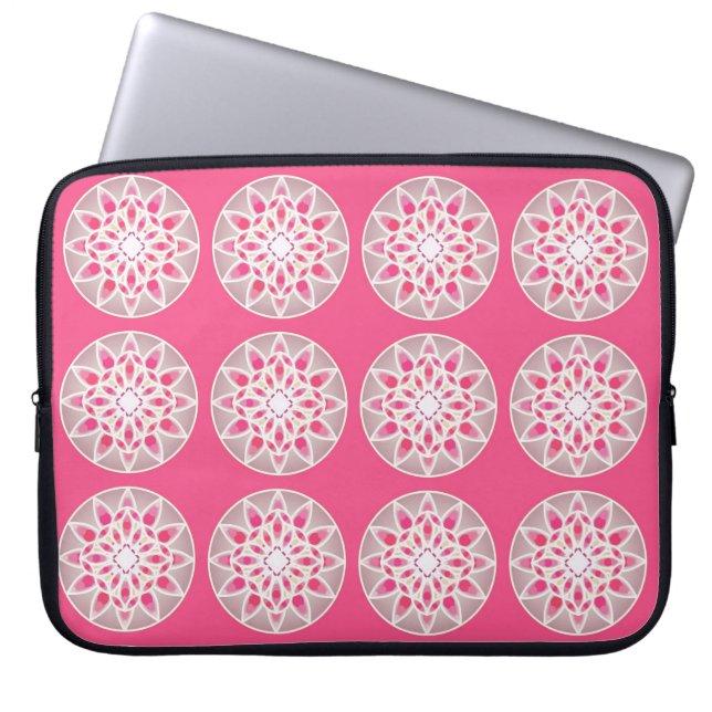 Mandala-mönster i varmrött, vitt och grått laptop fodral (Framsidan)