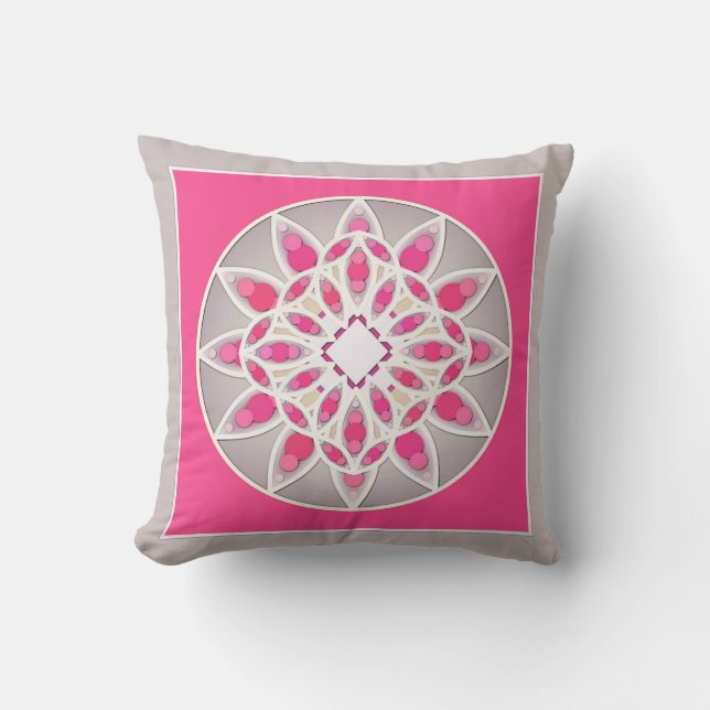 Mandala mönster in fuchsia rosa, white och grått kudde (Framsida)