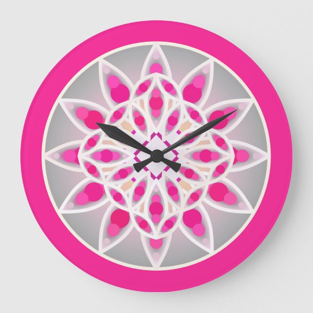 Mandala mönster in fuchsia rosa, white och grått stor klocka (Framsida)