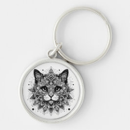 Mandala Mönster Katt Design Rund Silverfärgad Nyckelring