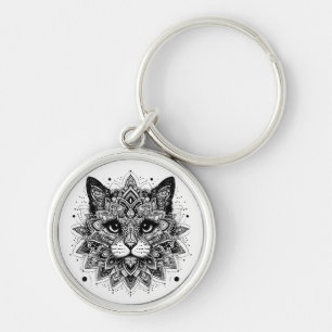 Mandala Mönster Katt Design Rund Silverfärgad Nyckelring