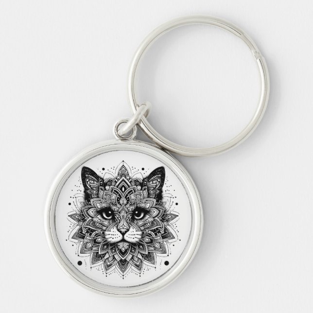Mandala Mönster Katt Design Rund Silverfärgad Nyckelring (Framsidan)