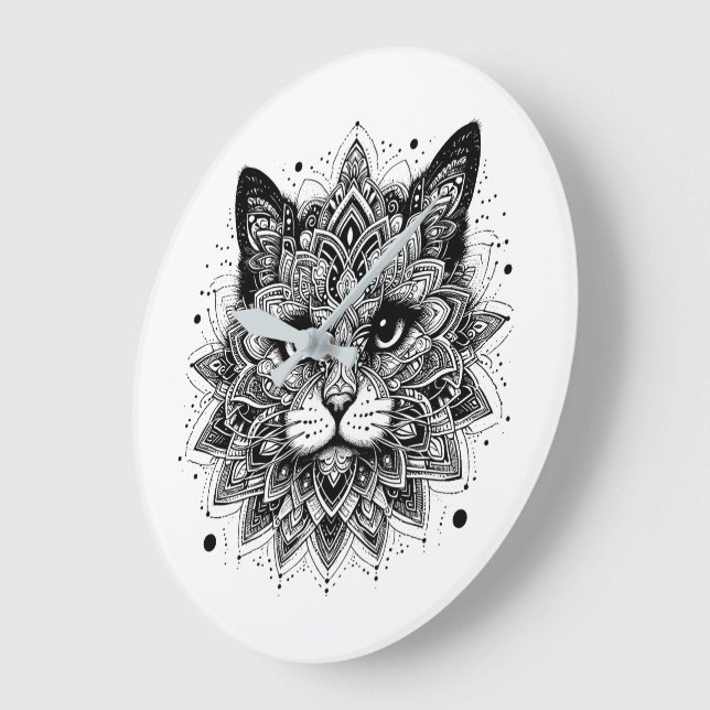 Mandala Mönster Katt Design Stor Klocka (Vinkel)