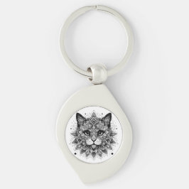 Mandala Mönster Katt Design Swirl Silverfärgad Nyckelring