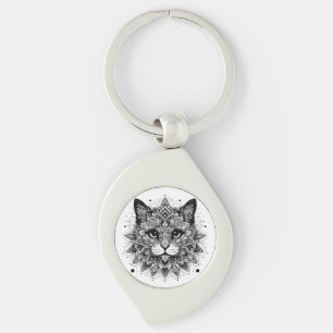 Mandala Mönster Katt Design Swirl Silverfärgad Nyckelring