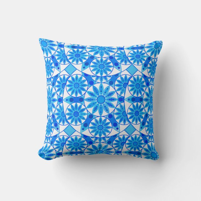 Mandala mönster, kobolt, turkos och vit kudde (Framsida)