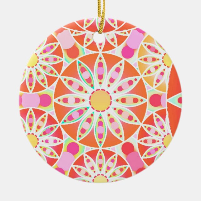 Mandala mönster, korallrött, rosa, guld julgransprydnad keramik (Framsidan)