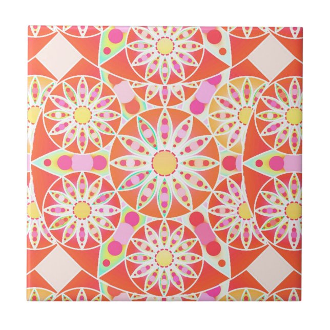 Mandala mönster, korallrött, rosa, guld kakelplatta (Framsidan)