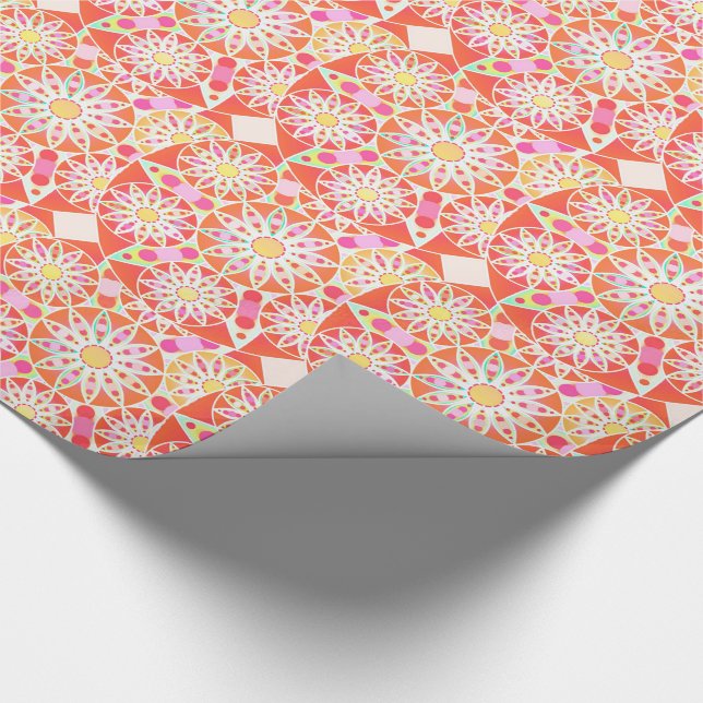 Mandala mönster, korallrött, rosa, guld presentpapper (Hörn)