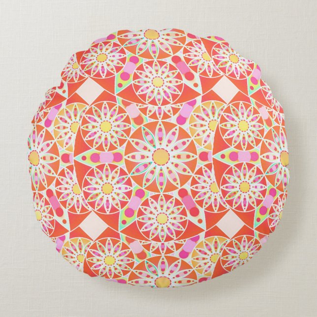 Mandala mönster, korallrött, rosa, guld rund kudde (Framsidan)