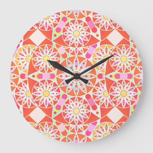 Mandala mönster, korallrött, rosa, guld stor klocka (Framsida)