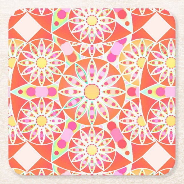 Mandala mönster, korallrött, rosa, guld underlägg papper kvadrat (Framsidan)
