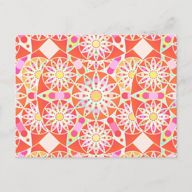 Mandala mönster, korallrött, rosa, guld vykort (Framsida)